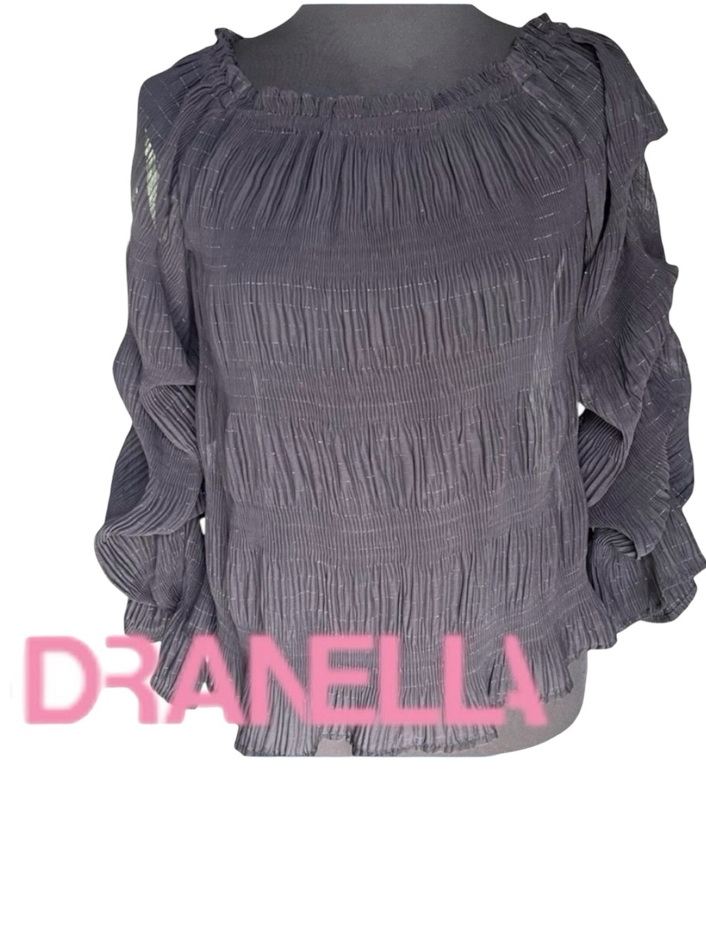 DRANELLA Black Metallic Semi-Sheer Shirring Elastic Boho Blouse Top (S)